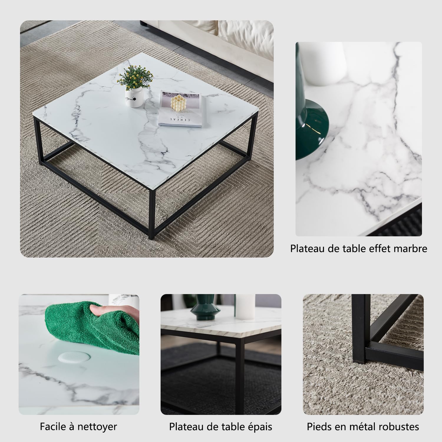 MEUBLE COSY Tavolino da Caffè Tavolini da Salotto Divano Tavolo Quadrata con Piano Effetto Marmo Struttura in Metallo per Soggiorno, Camera da Letto, Montaggio Facile, Bianco e Nero, 80x80x34cm