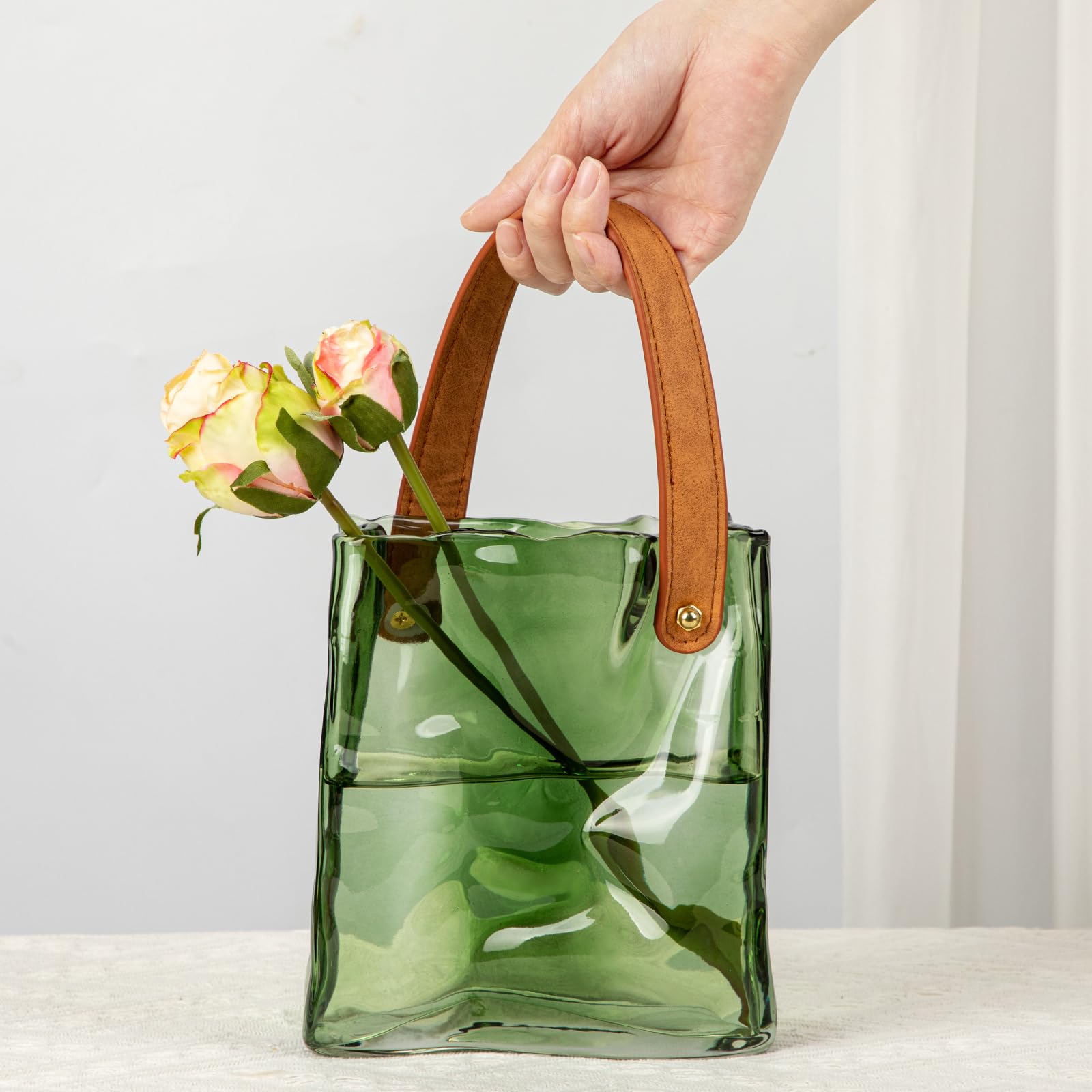 Hollyone Pogrubiony szklany wazon 17 cm na kwiaty, zielony wazon na kwiaty do estetycznej dekoracji pokoju, unikalne wazony z uchwytem na ślub, salon, kominek, półkę, wystrój domu, sypialnię