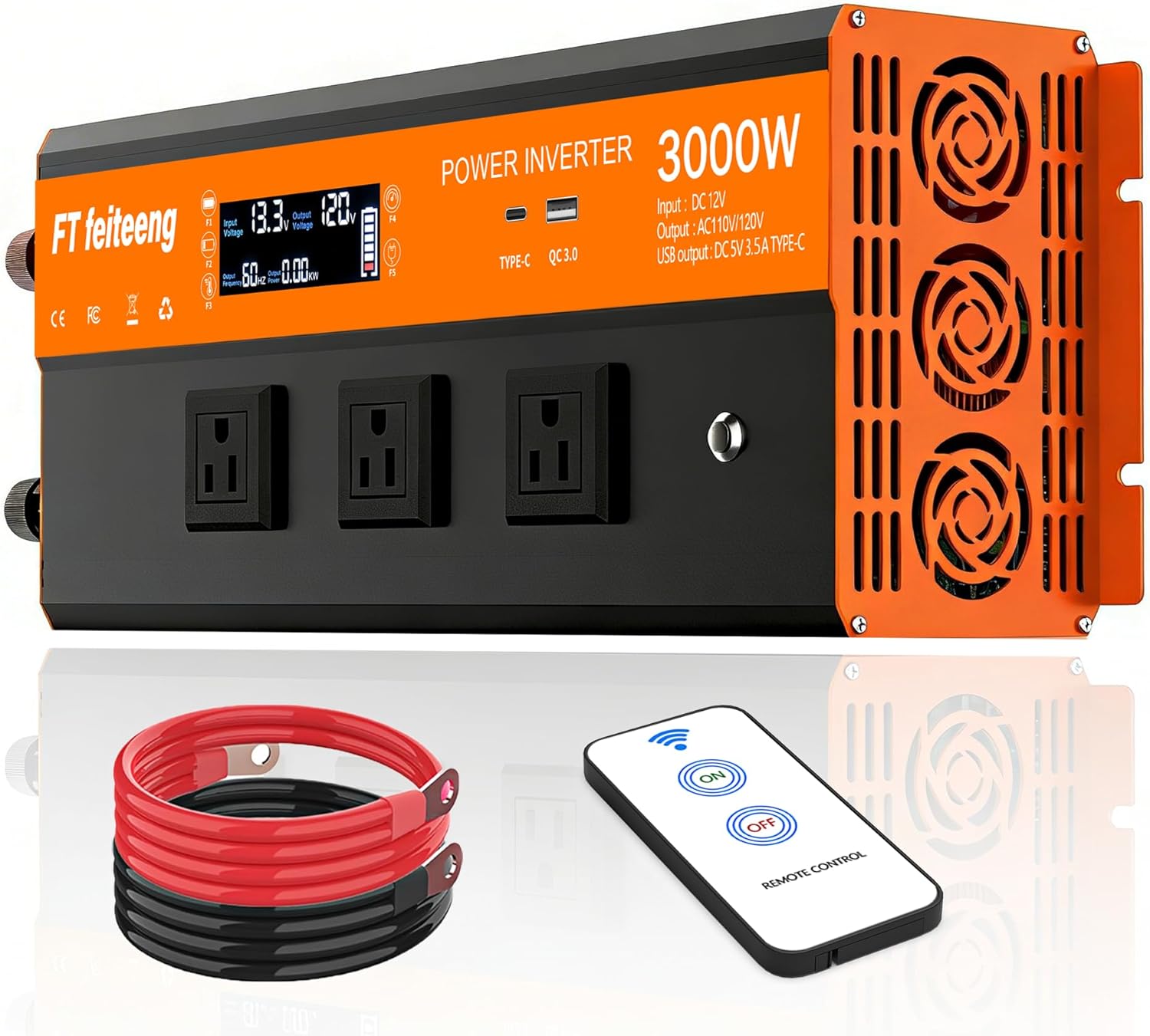 3000W Power Inverter, 12v DC to 120v Ac Inverter, Power Inverters for Vehicles with LCD Display, 3AC Sockets and USB-C & QC 3.0 Port with Remote Control for Camping Home Truck Rv Solar System