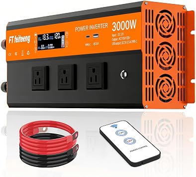 3000W Power Inverter, 12V DC to 120V AC Car Power Inverter | with LCD Display, 3 AC Sockets and USB-C & QC 3.0 Port with Remote Control for Camping Home Truck Rv Solar System