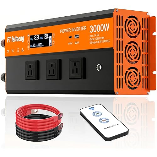 3000W Power Inverter, 12v DC to 120v Ac Inverter, Power Inverters for Vehicles with LCD Display, 3AC Sockets and USB-C & QC 3.0 Port with Remote Control for Camping Home Truck Rv Solar System