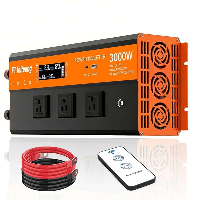 Inversor de Energia FT feiteeng 3000 W, 12 V CC para 120 V CA, Onda Senoidal Modificada, 3 Tomadas e Controle Remoto