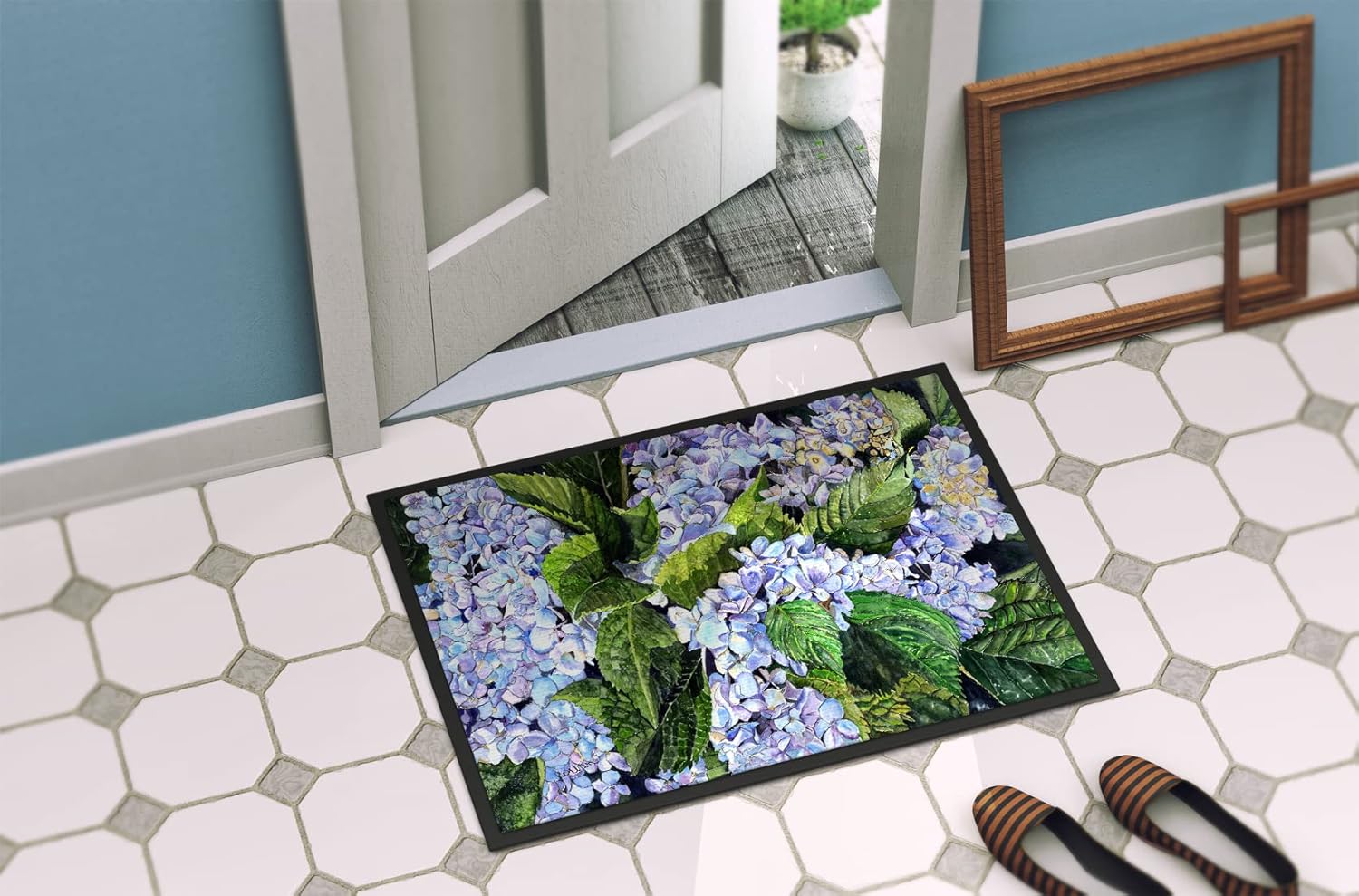 Caroline's Treasures 8730MAT Hydrangea Doormat 18x27 Front Door Mat Indoor Outdoor Rugs for Entryway, Non Slip Washable Low Pile, 18H X 27W