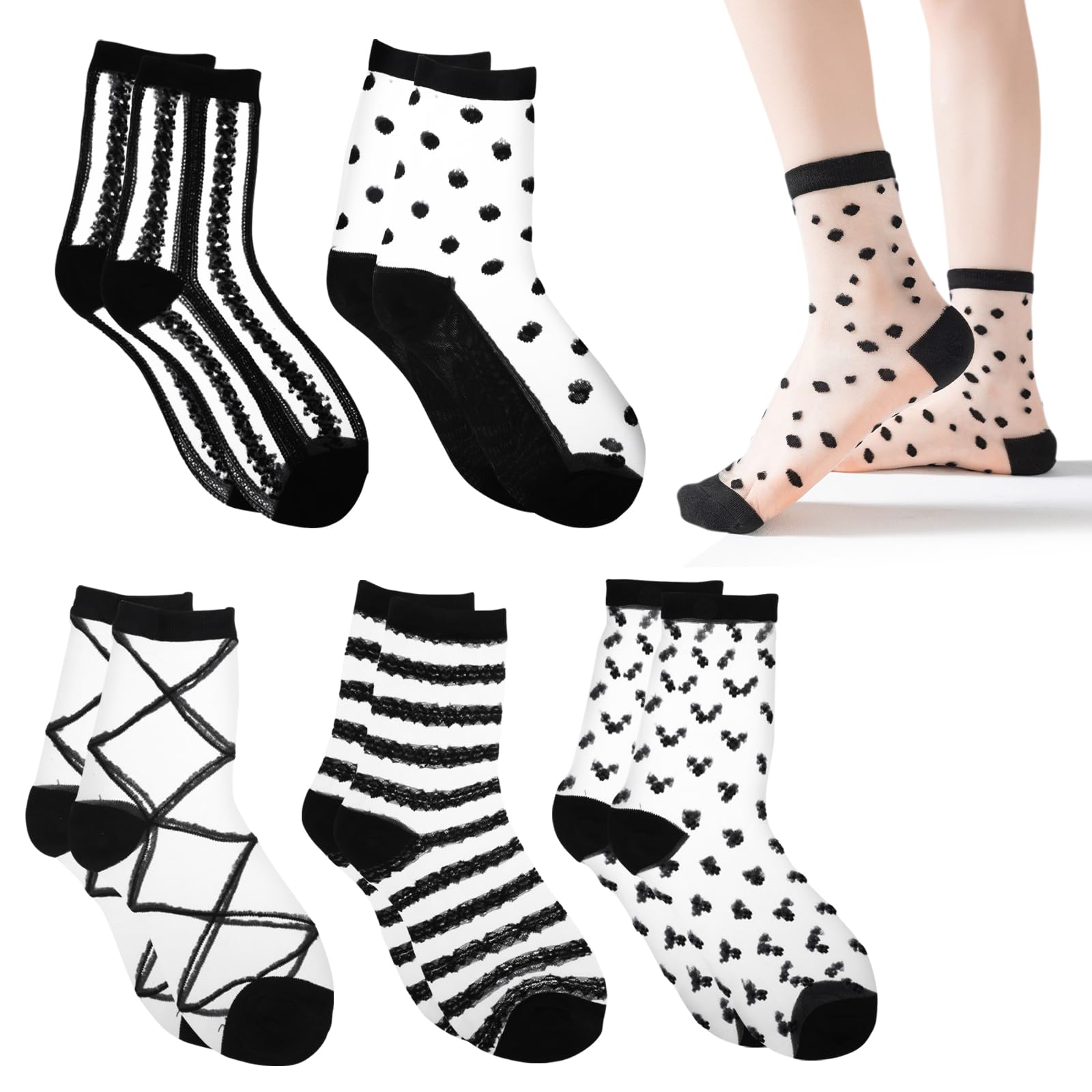 ecdiykit 5 Pairs Stocking Socks Women Black See Through Socks Dot Striped Plaid Ankle Summer And Autumn Nylon Lace Dress Sock For Women Girls Thin