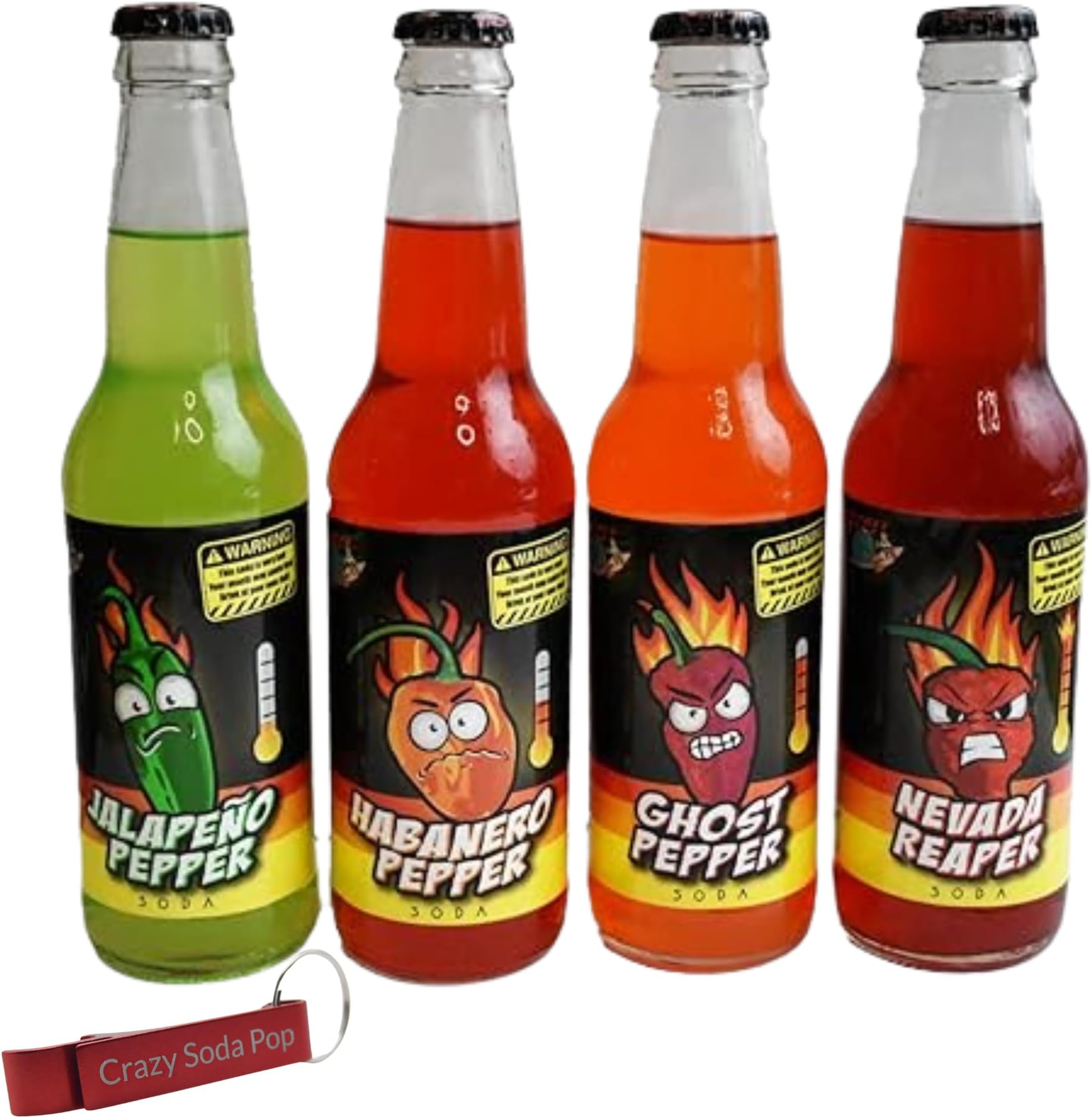 Hot Pepper Sodas | Mixed 4 Pack of Spicy Flavors | Handle the Heat | Real Cane Sugar | Includes Crazy Soda Pop Bottle Opener