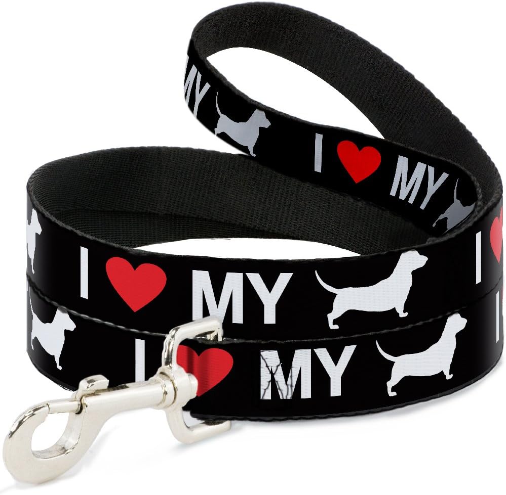 Dog Leash I Heart My Wiener Dog Silhouette Black White Red 6 Feet Long 1.0 Inch Wide