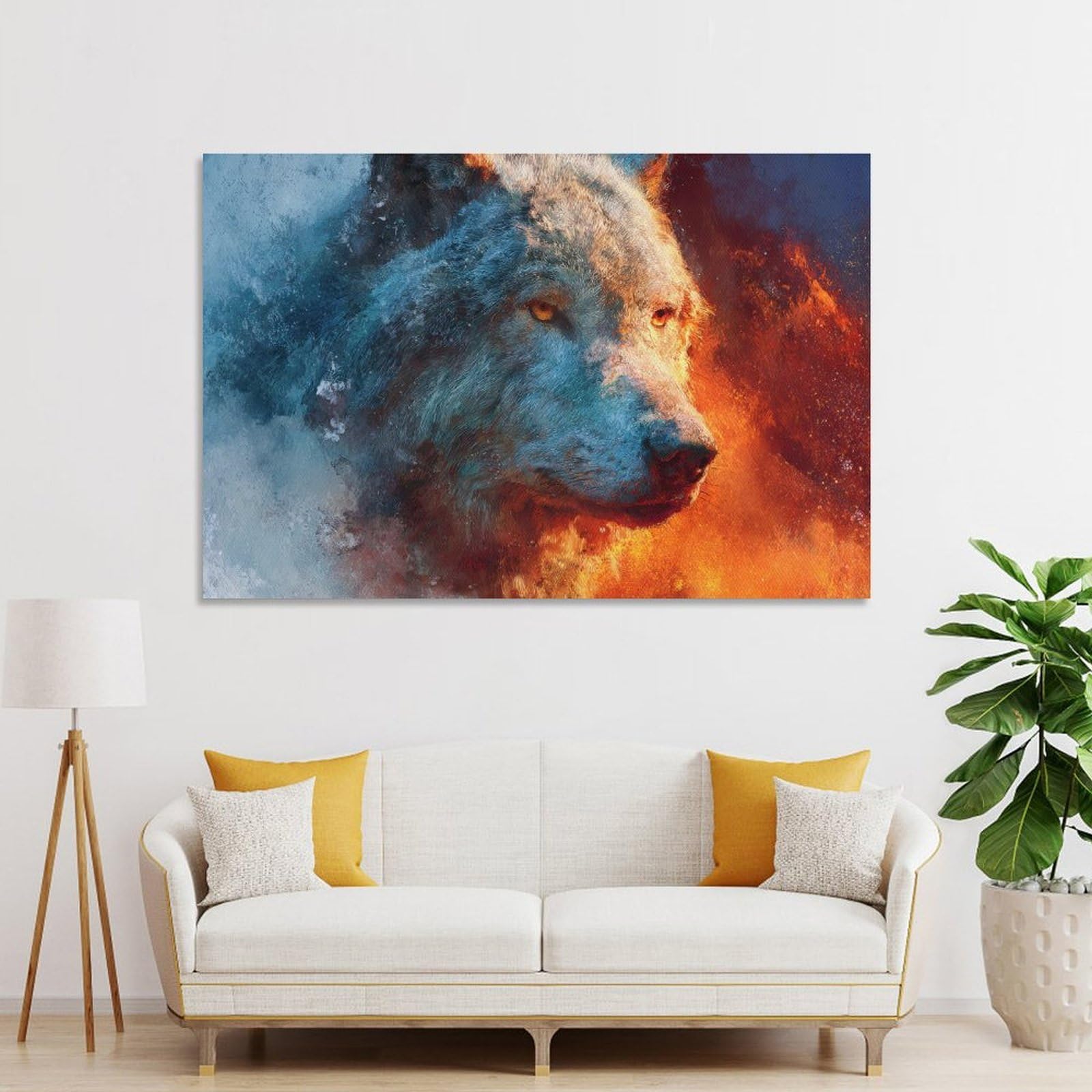 Junmoney Wolf Portrait Fire And Ice Canvas Wall Picture, 16x24inch(40x60cm), for Entrance Spaces, Stair Walls Or Halls, A Stylish Accent for Home Entrances