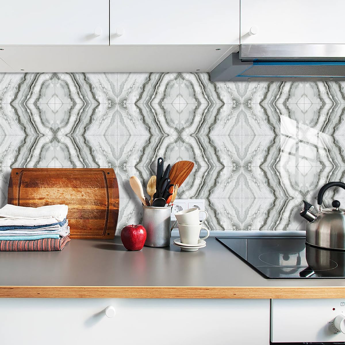 Pegatinas para Azulejos con diseño geométrico Gris, Autoadhesivas, para Colocar sobre Azulejos, Suelos de baño, cocinas y Paredes. Duraderas, Impermeables y Resistentes al Aceite,