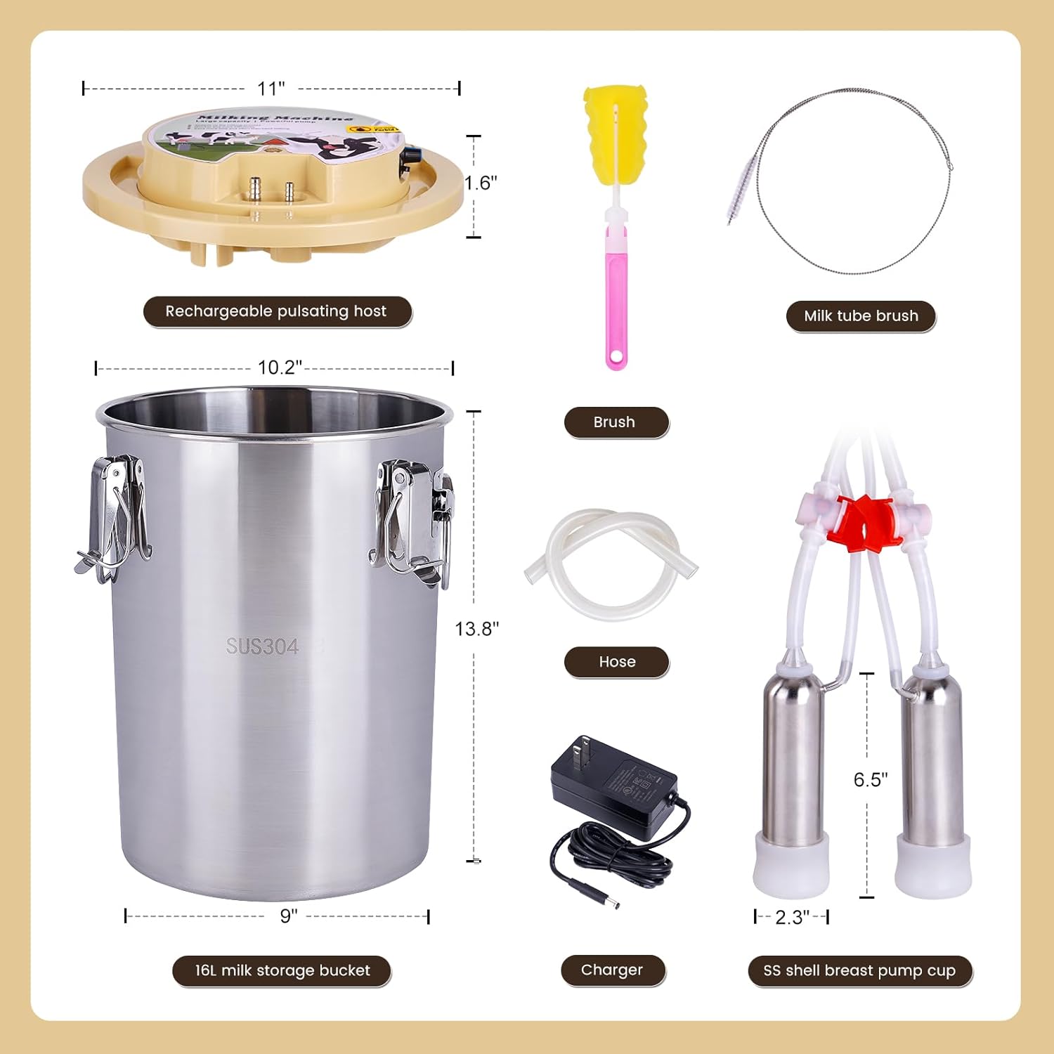 16L Cow Milking Machine Portable Automatic Cow Milker Machine Rechargeable Battery Powered Milking Machine for Cows with Powerful Pulsation Vacuum (16L for Cow)