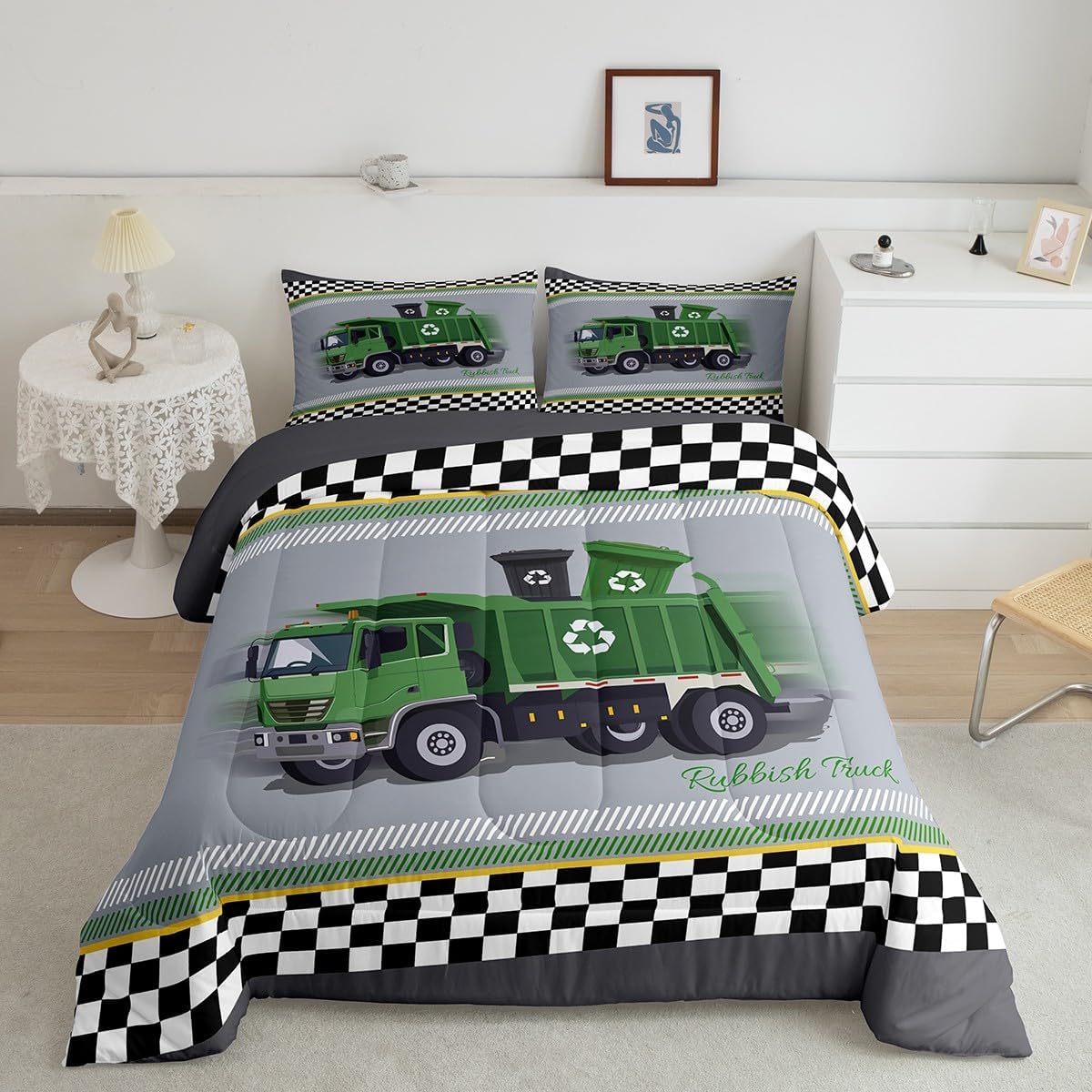 Erosebridal Garbage Truck Queen Comforter Set for Kids Boys Girls Room Decor,Green Recycling Truck Toddler Bedding Set,Cartoon Construction Truck Comforter Set Vehicle Car Quilt Bed Set 3Pcs