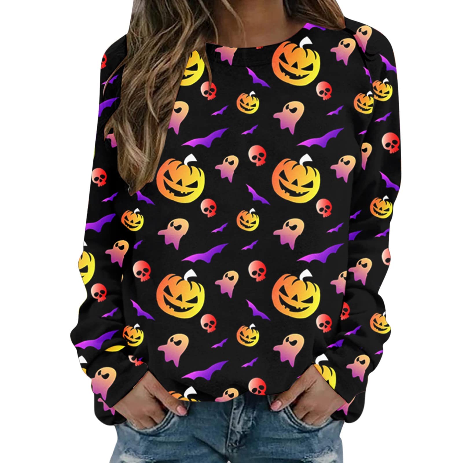 Ladies Sweatshirt Sets Halloween Womens Casual Long Sleeve Crew Neck Skeleton Printed Hoodless Pullover Sweatshirt Top Blouse Pullover Sweaters with Zipper for Women