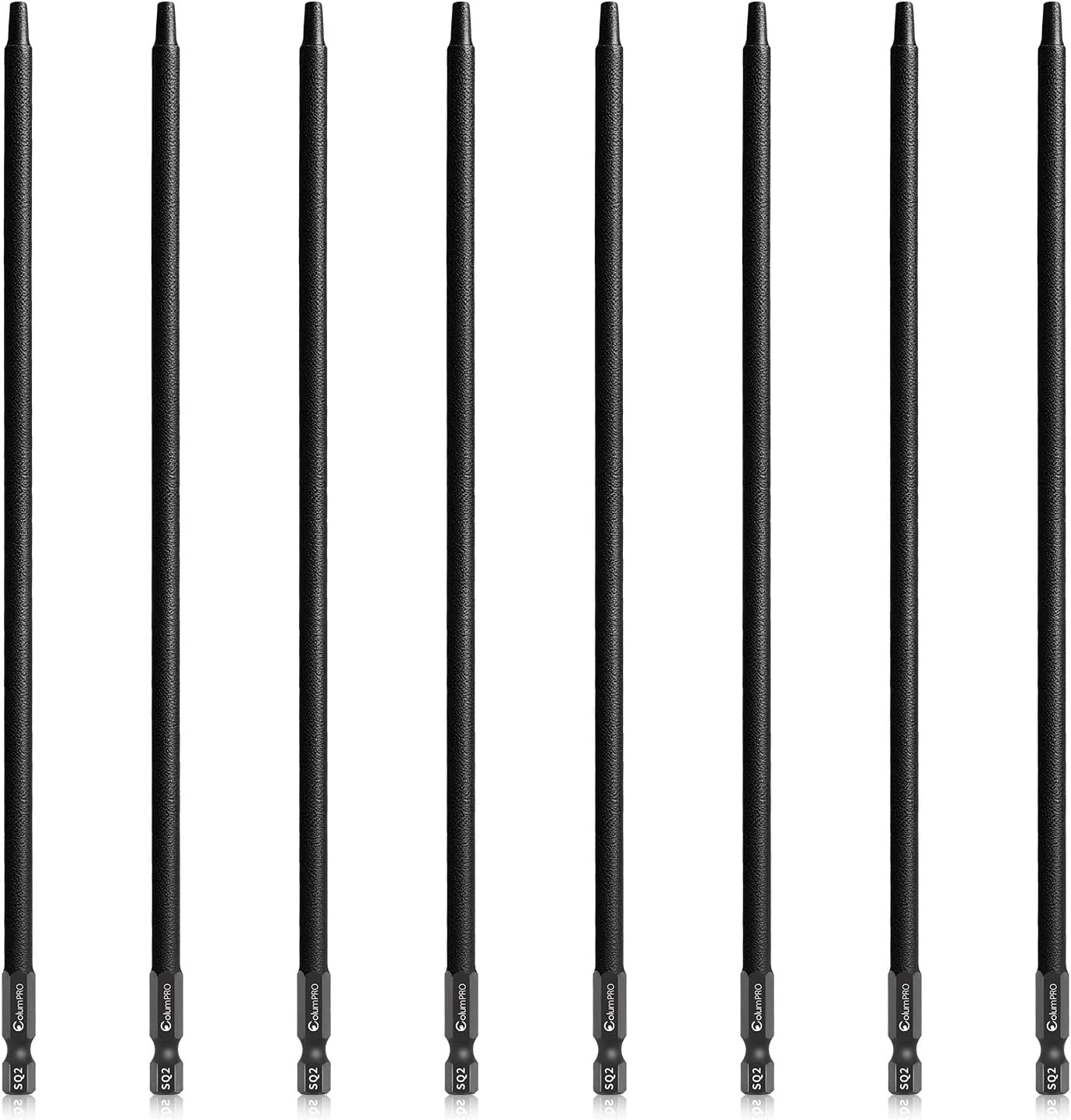8PCS Robertson Square #2 Drive Bits, Premium S2 Alloy Steel 2 Square Drill Bits, Size SQ2, 1/4 Inch Hex Shank, 9 inch Long