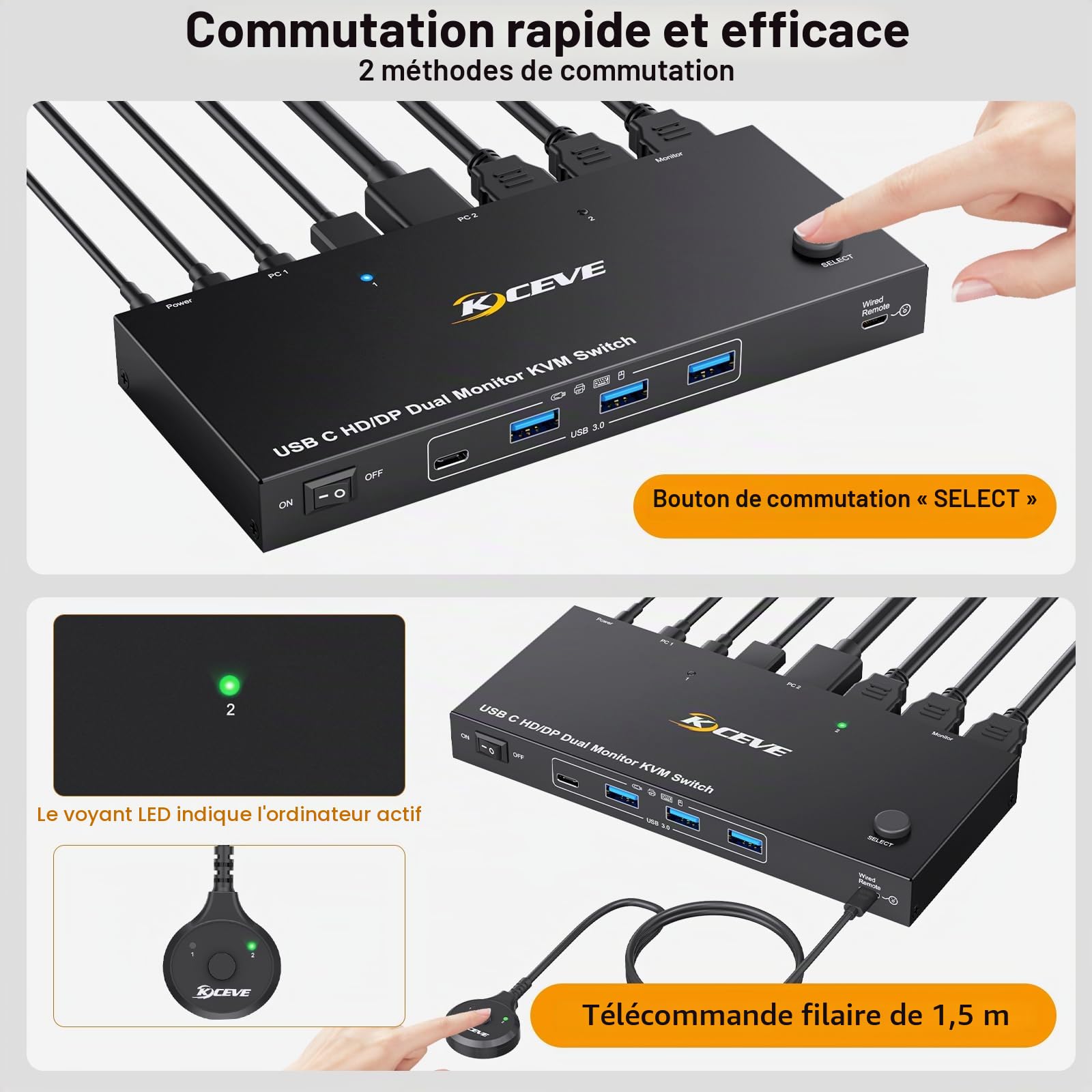 KVM Switch Laptop PC 2 Moniteur, KVM Switch 2 PC 2 Monitor USB C DP HDMI Partage 4 USB 3.0 Ports, 4K@60Hz, MST, PD 60W, Wired Remote(4K USB C DP HDMI 2 in 2 out KVM)