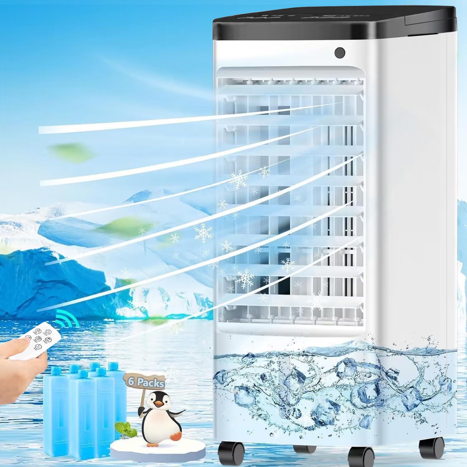 Portable Air Conditioners, Upgraded Swamp Cooler with 5 L Water Tank, 3 Speeds, 12H Cooling Time, 65° Oscillation, 3 in 1 Air Conditioner Portable for Room Office Bedroom Kitchen Garage?6 Ice Packs?