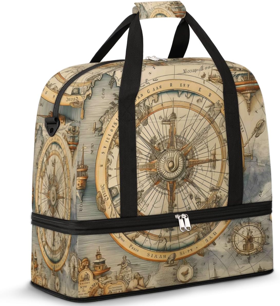QsirBC Art Compass Decor Gym Bag for Women Duffle Tote with Shoes Compartment Men Weekender Duffel for Dance Travel Sports Swimming Overnight