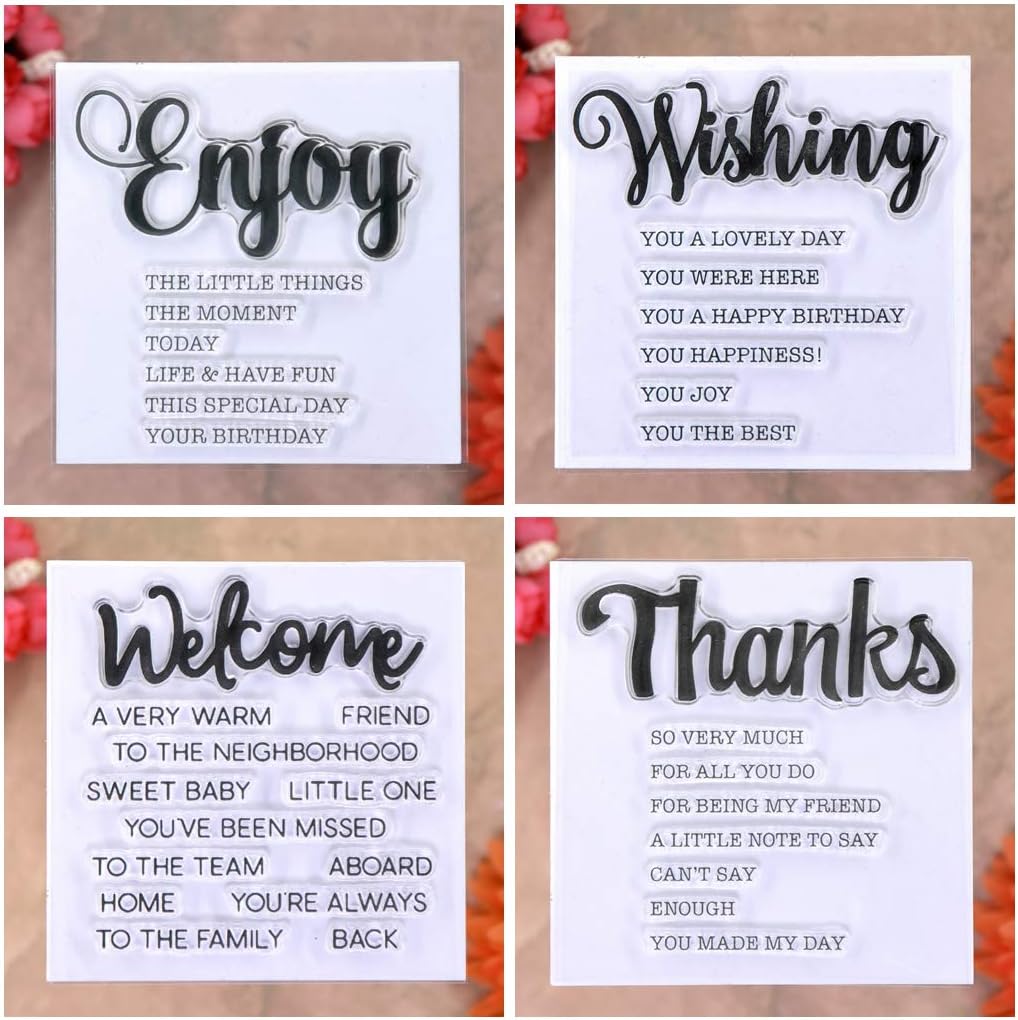 KWELLAM 4pcs/Lot Words Enjoy Wishing Welcome Thanks Stamp Rubber Clear Stamps for Photo Album Decorative Card Making and DIY Scrapbooking