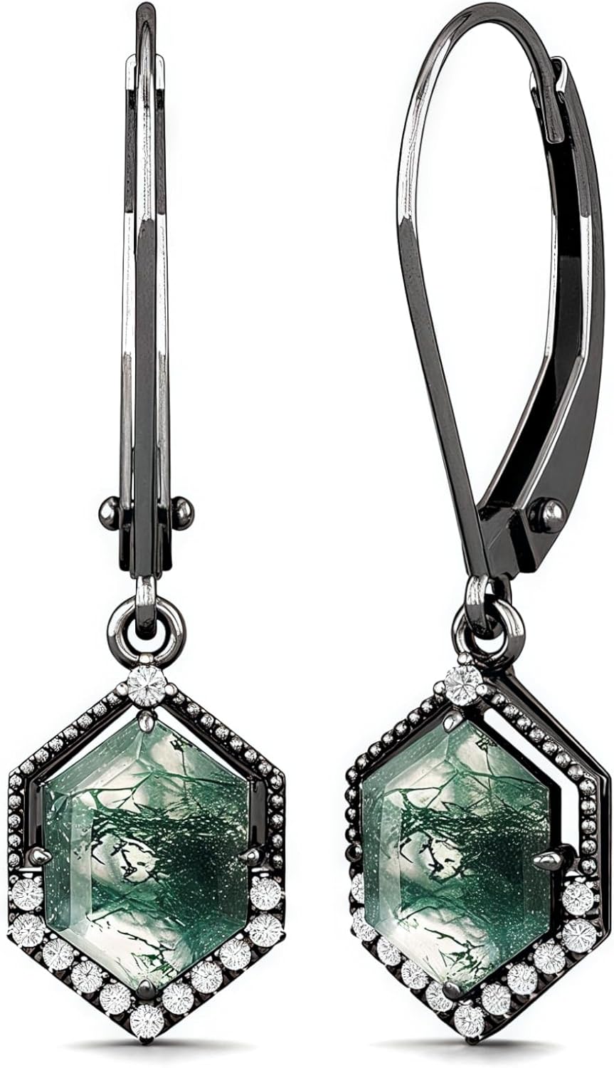 Moss Agate And Moissanite Dangle Earrings For Women Gothic 18k Black Gold Plated Drop Earrings Hypoallergenic Birthday Jewelry Gifts For Her