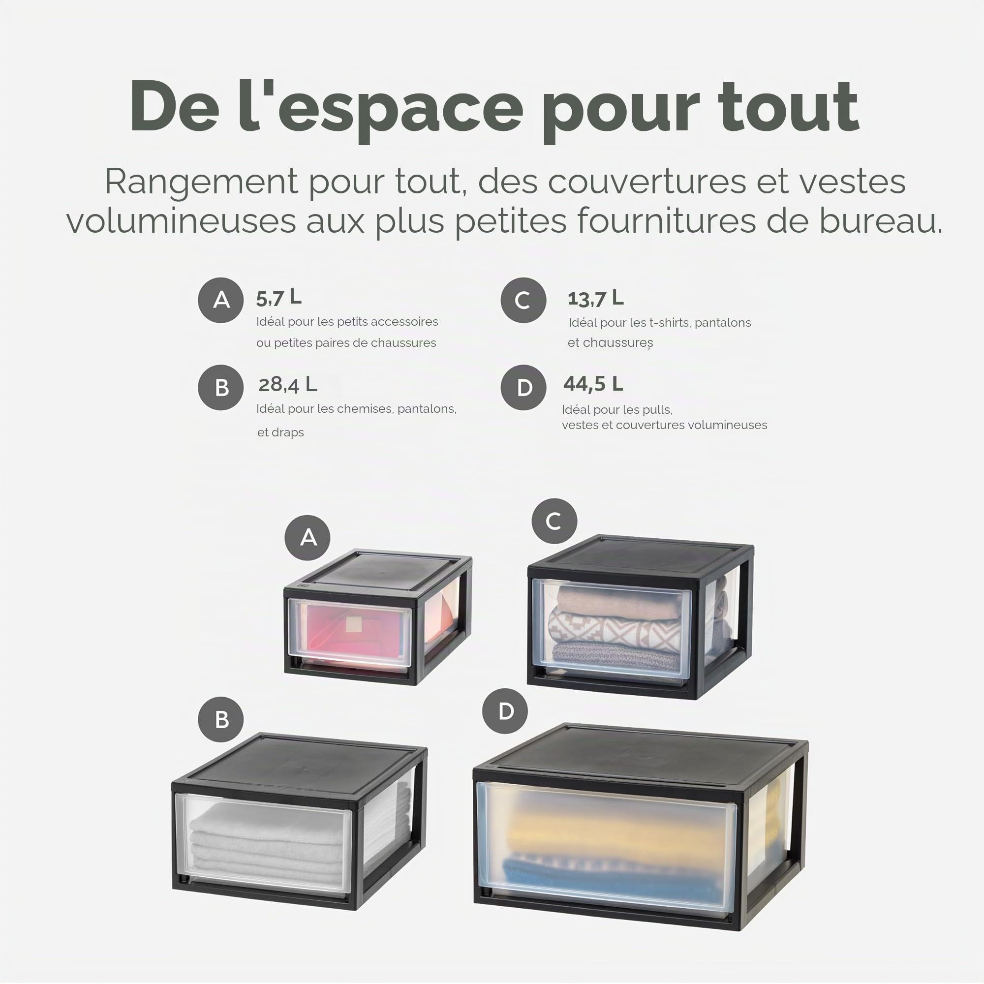 Iris Ohyama, Tiroir de rangement, Commode de chambre en plastique, Lot de 4, Noir, pour Bureau, Garage, Chambre à coucher, Sans BPA, MSD-1
