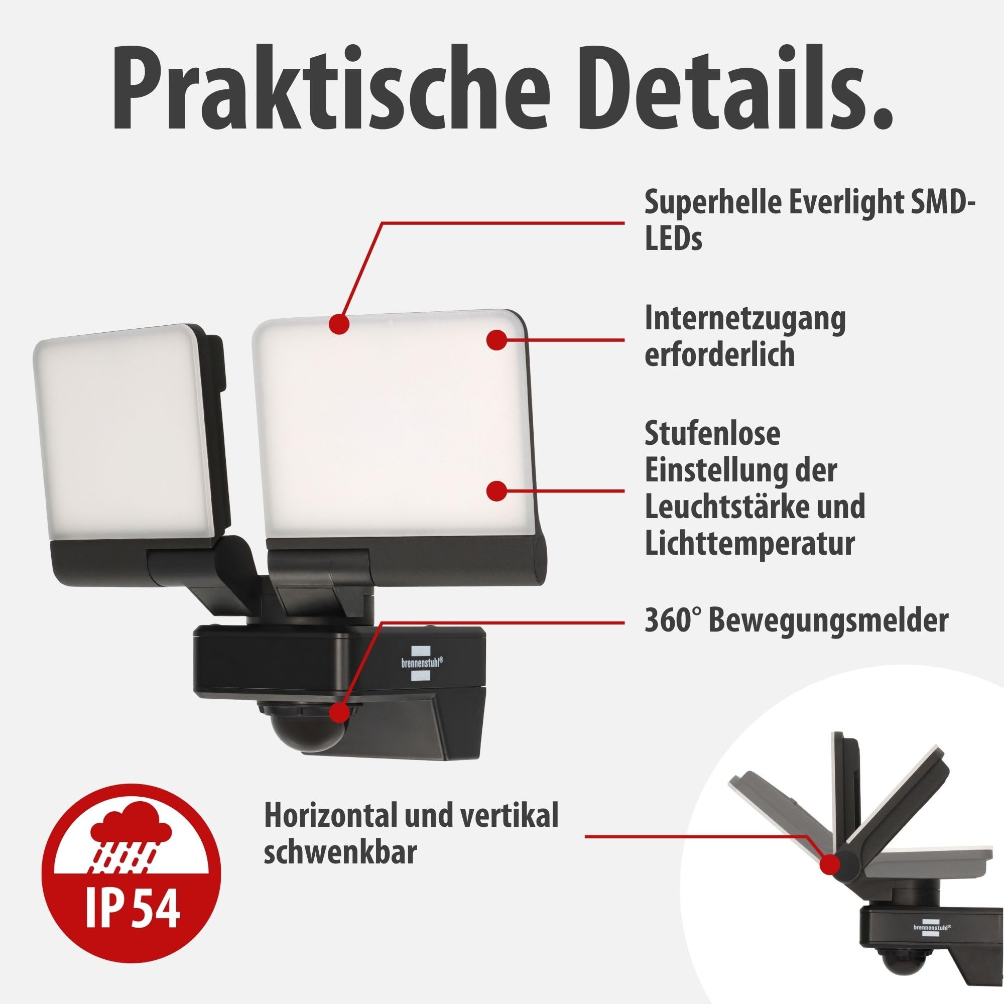 Brennenstuhl Connect WiFi LED Duo Strahler WFD 3051 P (36W, 4300lm, IP54, diverse Lichtfunktionen über App steuerbar, Außenstrahler zur Wandmontage mit Bewegungsmelder)