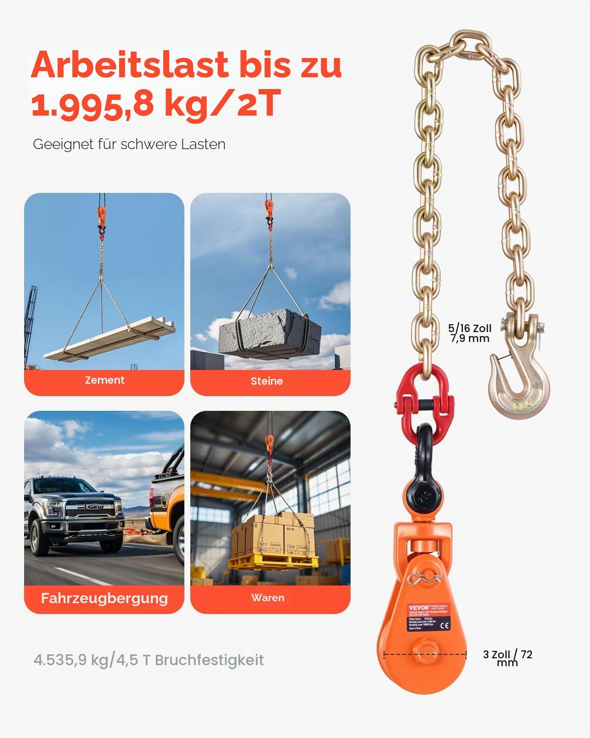 VEVOR 2-Tonnen-Umlenkrolle mit G80-Kette, drehbarem Schäkel, 74 mm Scheibe für 3/8-Zoll-Drahtseil, Forstseilwinde für Abschlepp-& Bergungsanwendungen auf Pritschenwagen, Rollback-Abschleppwagen