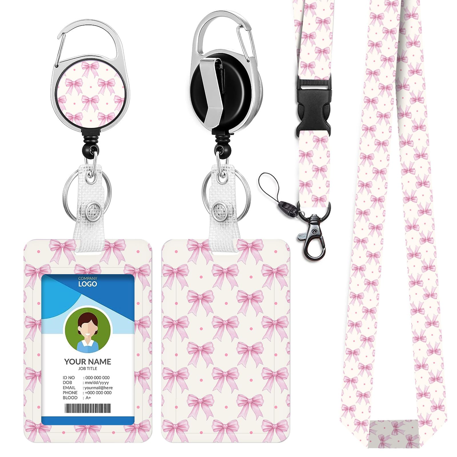 bolimoss Pink Bows Lanyard with Card Holder, Cute Bus Pass Holder for Kids Girls, Breakaway Neck Lanyards for Plastic Id Badges Keys, Polka Dot Retractable Reel Badge Clip for Teacher Student Women — image 1