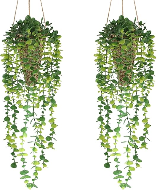 Hanging Plant Fake Plants with Woven Basket, 2 Pack Artificial Plants, Faux Eucalyptus Plants Pots for Wall Home Room Indoor Outdoor Decor Living Room Bedroom Aesthetic Bathroom Kitchen Entryway