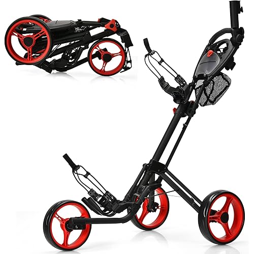 GYMAX Folding Golf Push Cart, 3 Wheel Height Adjustable Lightweight Golf Push Trolley W/Umbrella Holder & Mesh Bag, Quick Open Fold Golf Trolley Cart