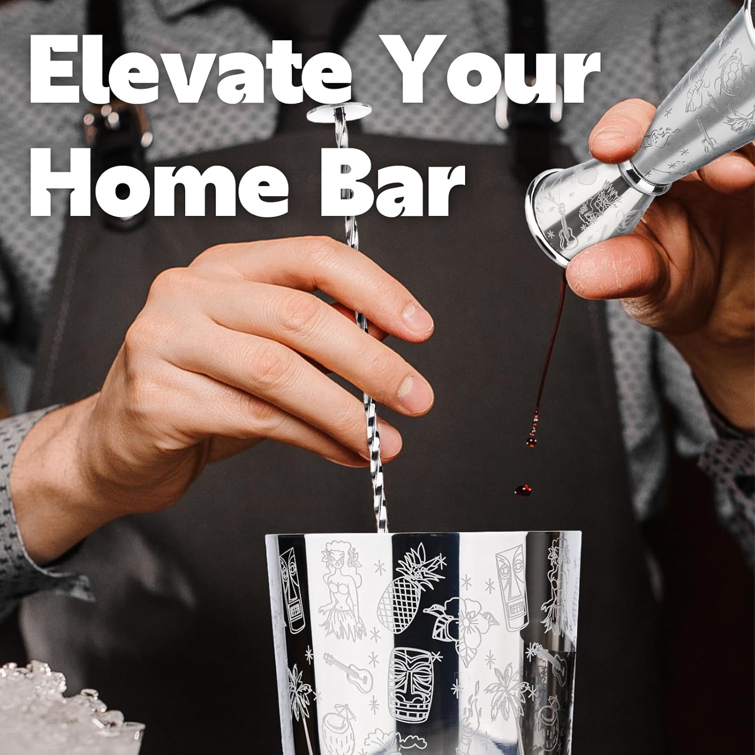 Boston Cocktail Shaker Set, Bartender Kit 3-Piece with Jigger, Mixing Spoon, Etched Design Stainless Steel Professional Bar Home Mixology Tool Kit, 17/24oz Sliver Bartending Set