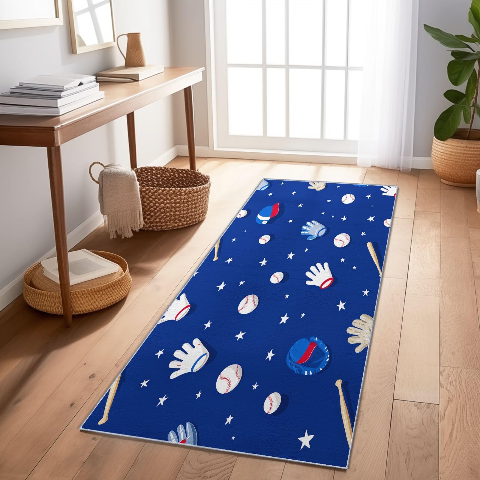 Tapis de couloir baseball bleu tapis long étroit fin moderne
