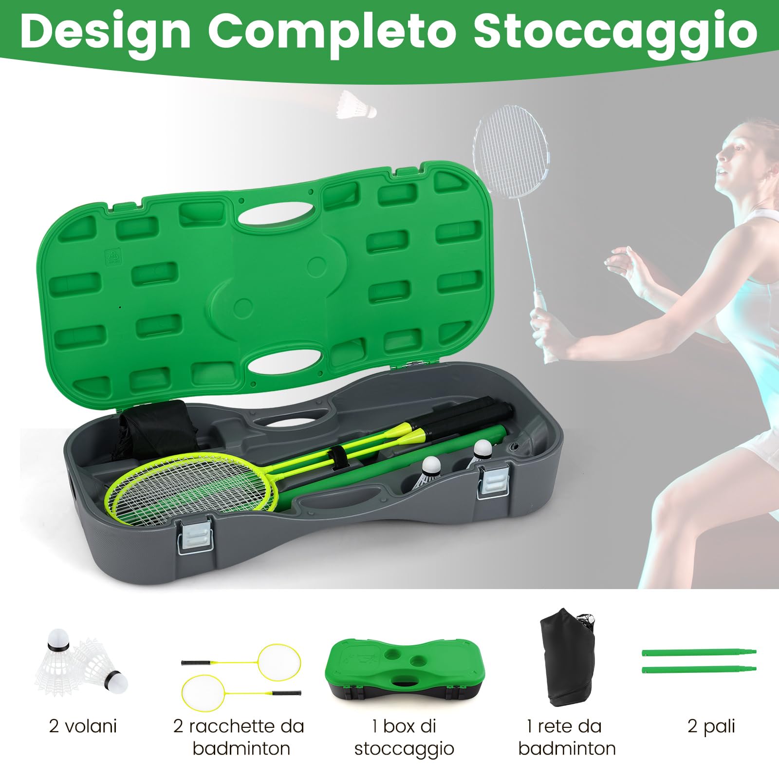 COSTWAY Set di Badminton con Rete, Racchette, 2 Volani e Scatola di Conservazione, Set di Badminton Portatile per 2 Giocatori da Esterno per Bambini, Ragazzi e Adulti
