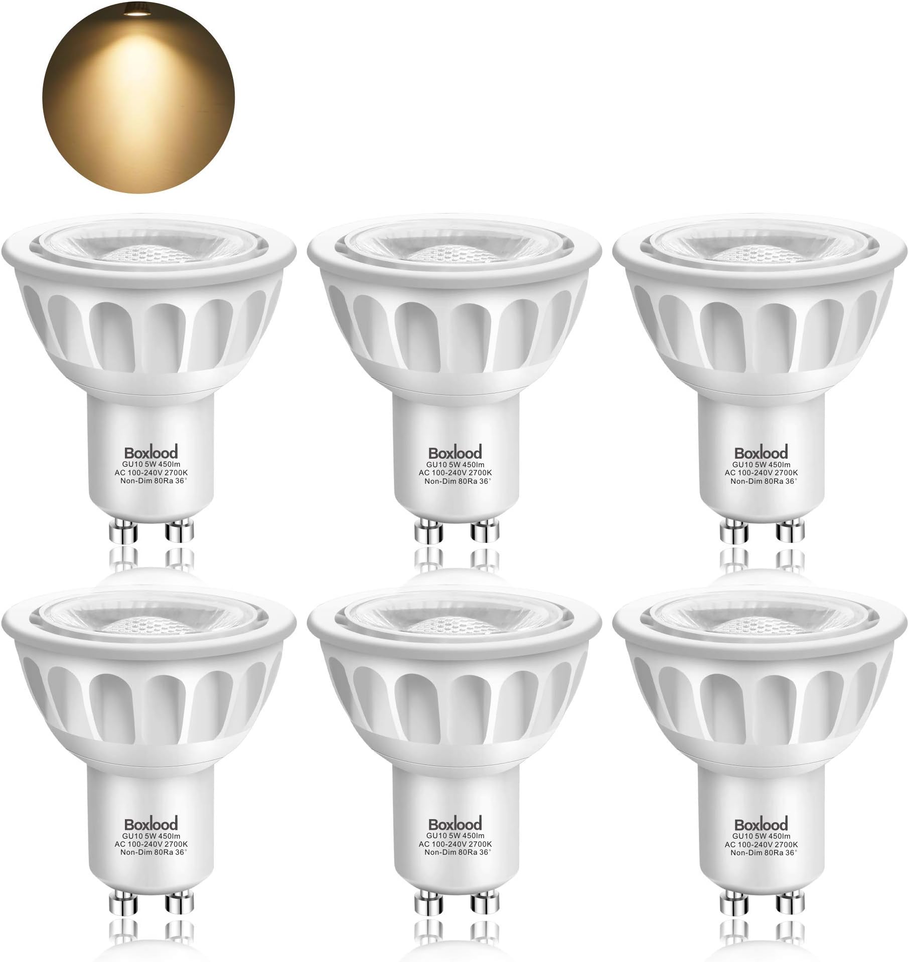 Boxlood GU10 LED Bulbs, Warm White 2700K, 5W LED Spotlight Bulb, 36° Narrow Beam Angle, 450LM 50W Halogen Bulbs Equivalent, Pack of 6 (100-240V, Non-Dimmable) [Energy Class A++]