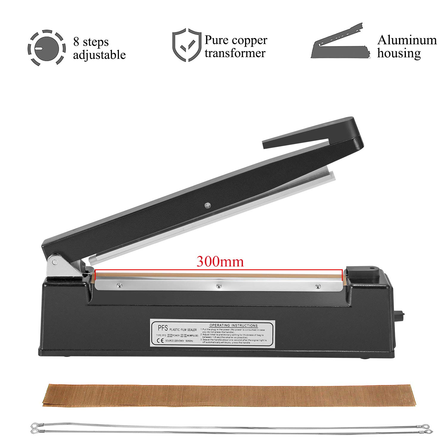 Hanchen Heißsiegelmaschine 300mm (11,8 Zoll) Impuls Schweißgerät Tragbare Folienschweißgerät Handdruckende Verpackungsgerät für PP/PE/PVC/Mylar/Kraft Papier