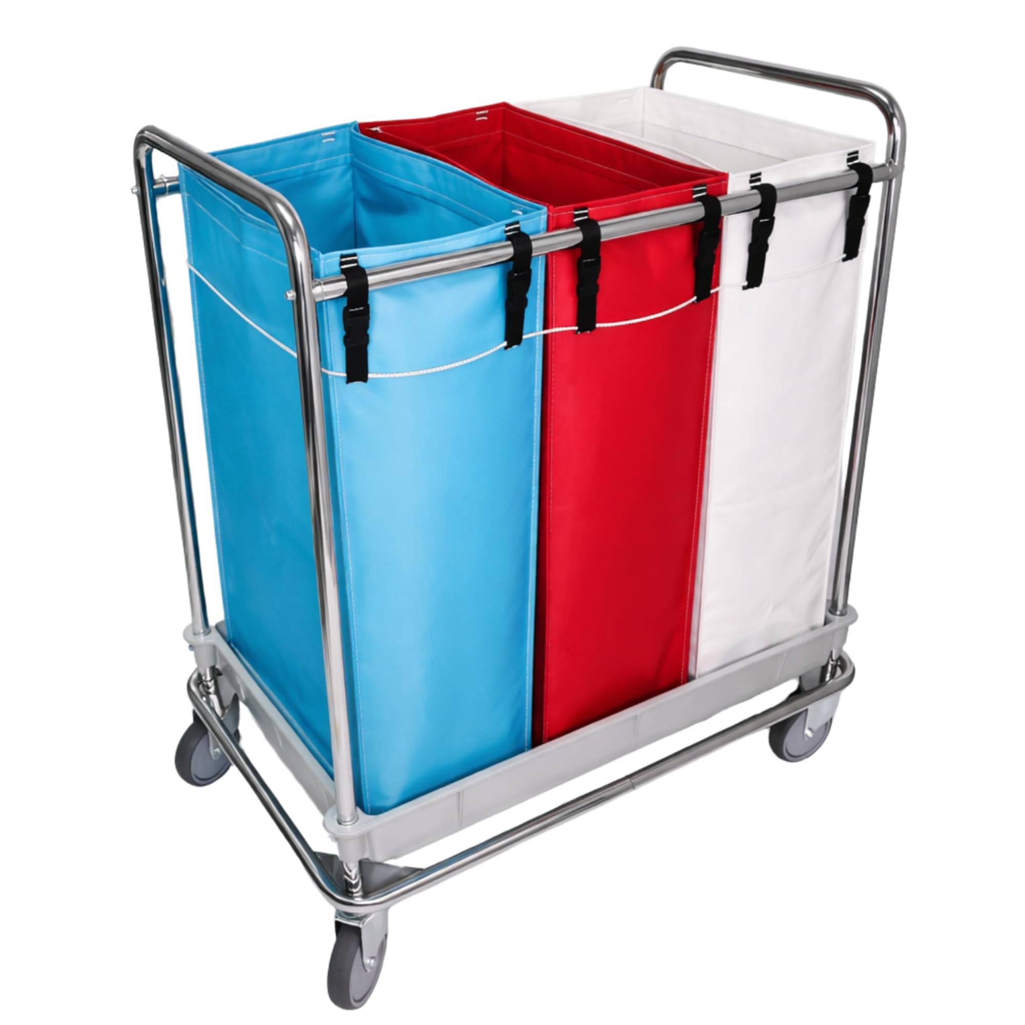 Carro de Lavandería Profesional Cromado con 3 Bolsas Plastificadas (80L) - Clasificador de Ropa Sucia con Ruedas 125mm y Base de Polipropileno - Ideal Hoteles y Residencias (95x65x104 cm)