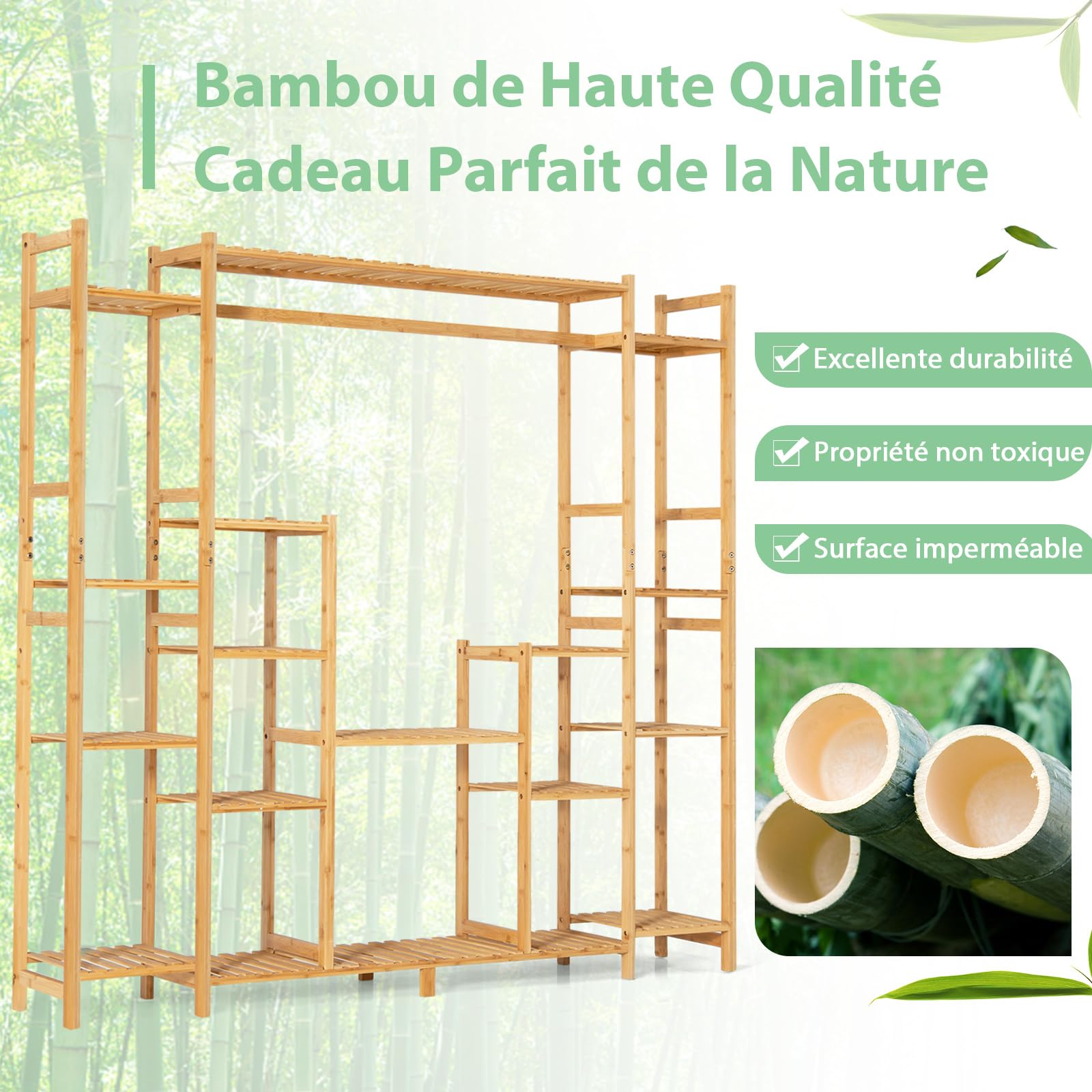 COSTWAY Support pour Plantes en Bambou à 9 Niveaux, Porte-Plante Dispositif Anti-basculement Charge de Chaque Étagère 10KG, Convient au Salon Balcon, 167 x 30 x 166 cm