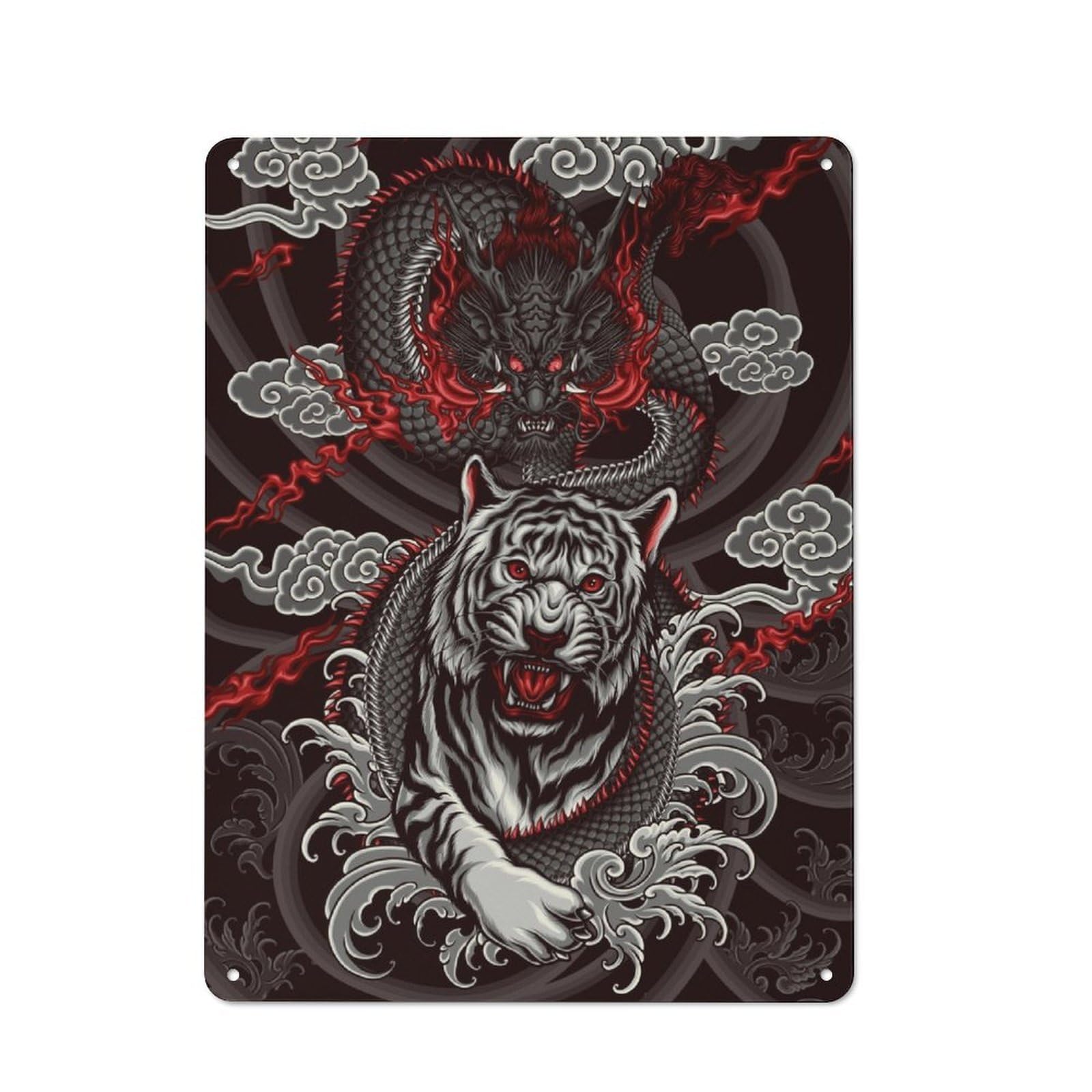 Junmoney Tiger And Dragon Rustic Tin Wall Plaque 40X30cm For Home Office Or Studio, For Garage, Workshop And Man Cave Decoration