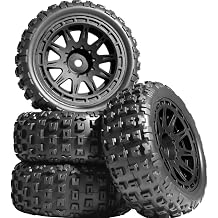 4PCS Pre-Glued RC Crawler Car Rubber Tires and Rims Set, Rubber Tires and Plastic Wheels with 12mm Hex Fits for ARRMA 1/14 1/16 1/18 Granite/Typhon Grom RC On/Off Road Crawler Truck Buggy Black