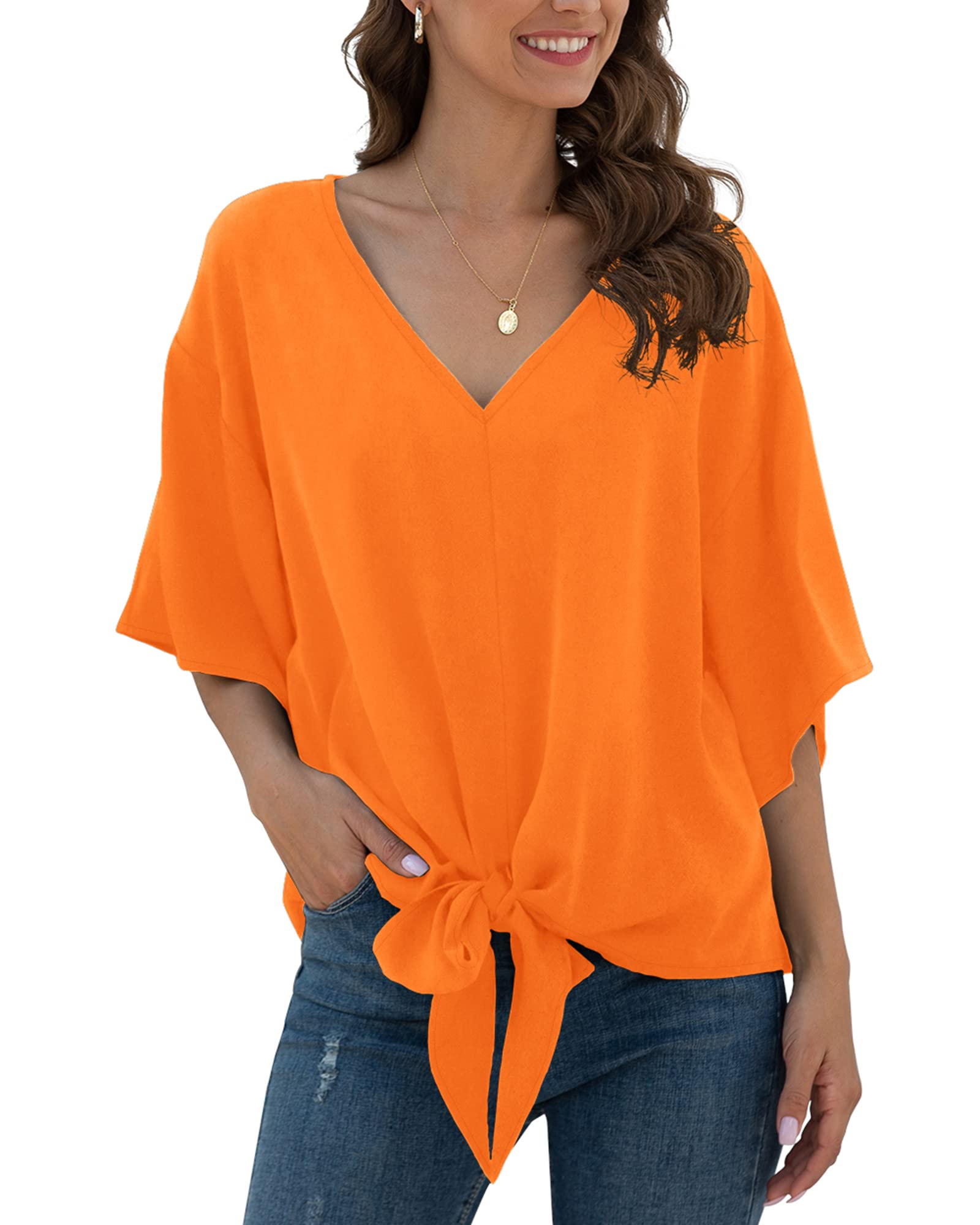 VIISHOW Womens Tie Front Chiffon Blouses V Neck Batwing Short Sleeve Summer Tops Shirts