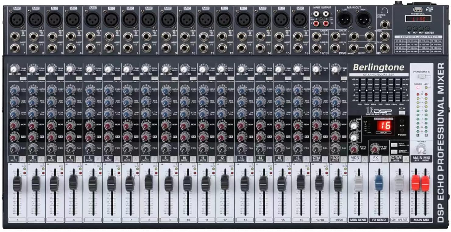 20 Channel Professional Bluetooth Studio Audio Mixer - DJ Sound Controller, USB MP3 Player, 16 Microphone Jack, 7 Band EQ, 16 BIT Digital FX, 48V Phantom Power, Unpowered (BR-200MX)