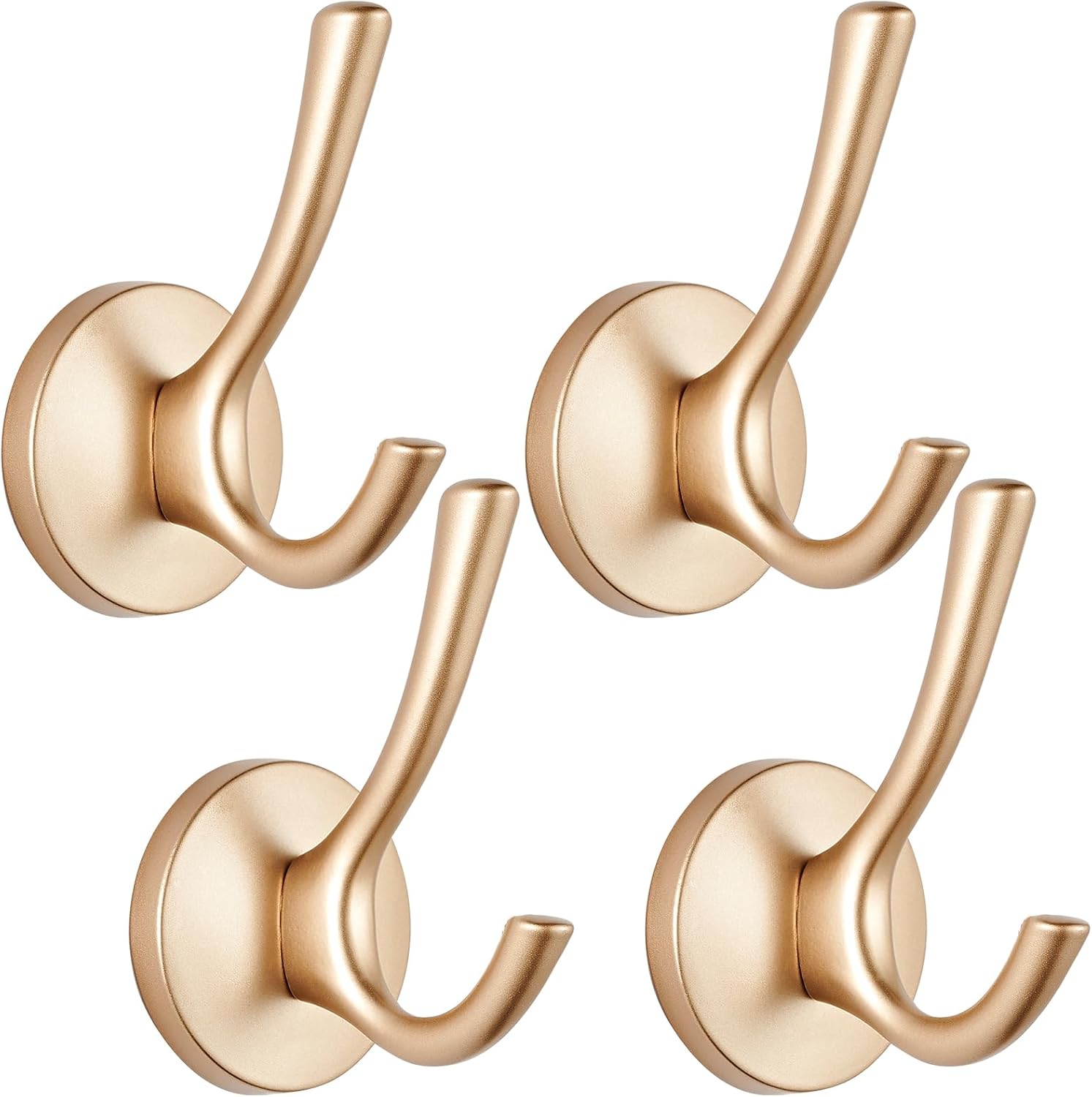 Matte Gold Towel Hooks 4 Pack, Heavy Duty Zinc Alloy Double Prong Coat Robe Hooks, Wall Mounted Towel Hooks for Bathroom, Kitchen, Closet, Garage, Entryway (195gold)