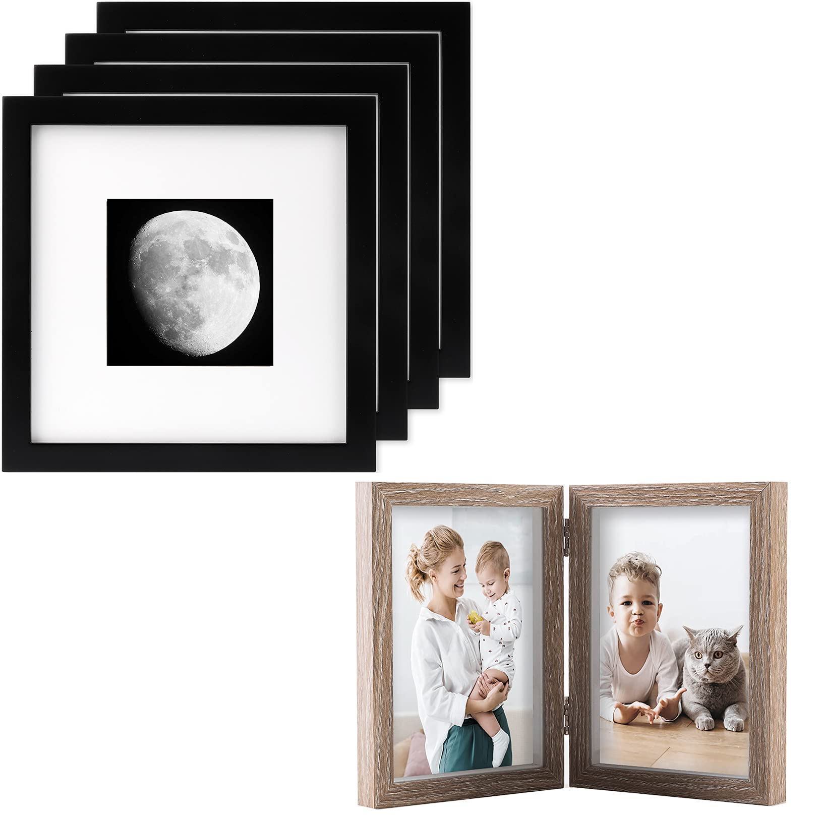 AEVETE10x10 Picture Frames Black Wood and 5x7 Double Picture Frames Hinged