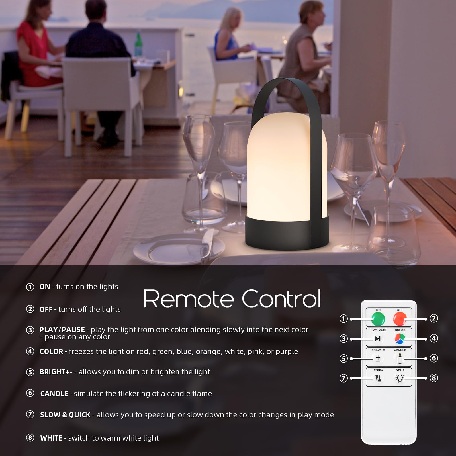 NiceBuy Lampada da tavolo a LED senza fili, dimmerabile, 8 colori che cambiano colore, batteria USB, ricaricabile, per esterni, senza fili, piccola, con telecomando, per campeggio, soggiorno, esterni,