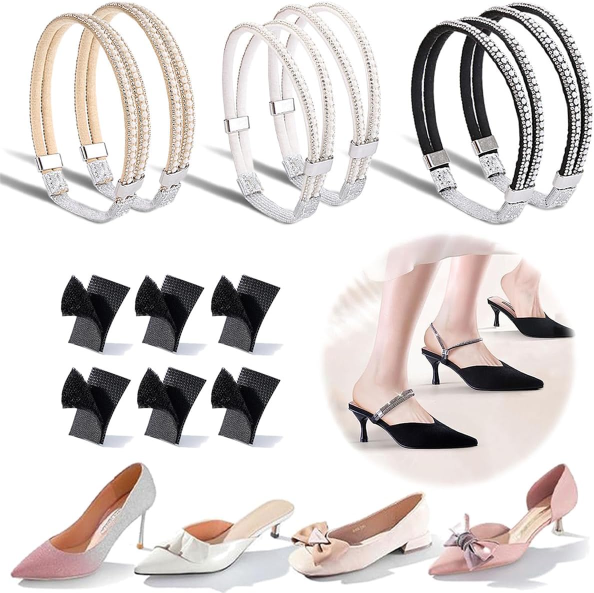 Shoe Straps for Heels Detachable Shoe Straps, Rhinestone Elastic Shoe Ankle Straps, Elastic High Heels Shoe Straps, High Heel Anti-Loose Straps, Anti Loose Shoelace (3 Pairs #2)