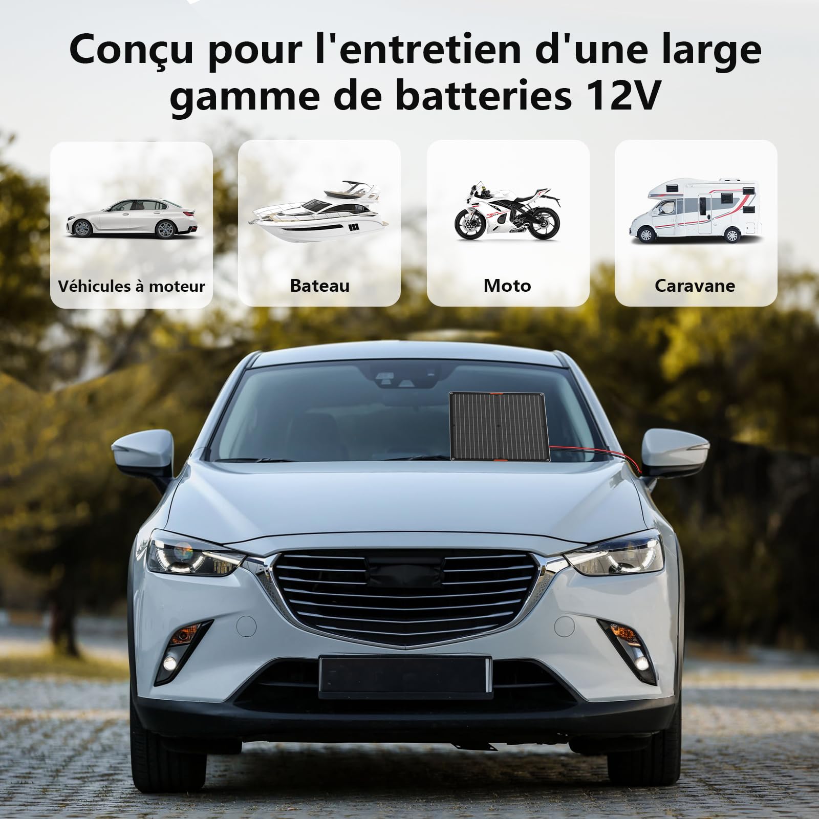 Panneau solaire 30 W 12 V Chargeur de batterie solaire de voiture Portable Chargeur de batterie solaire étanche & Chargeur d'entretien avec prise allume-cigare Trickle & pince crocodile
