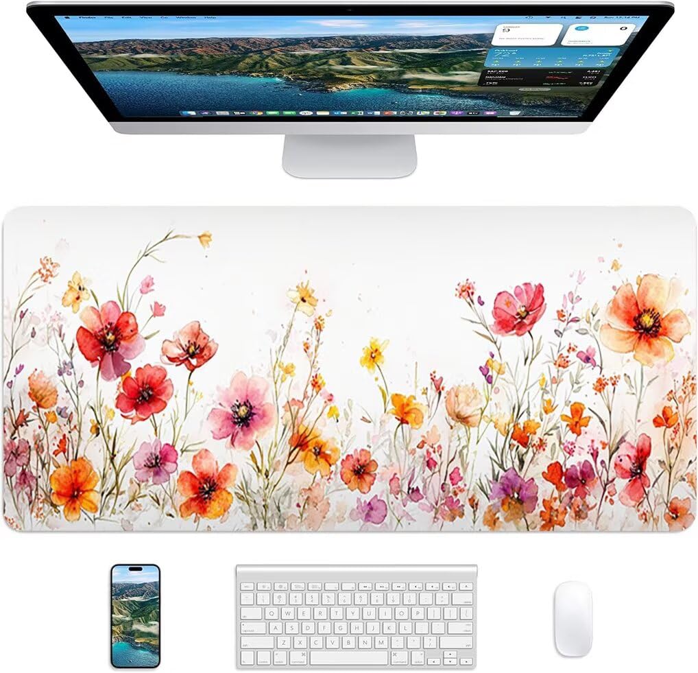 Wxuaixnn Fiore Tappetino per Mouse Gaming XXL, 160x80cm Tappetino da Scrivania, Bianco Mousepad con Bordi Cuciti per Gamer e computer portatilea, Migliora la Precisione e la velocità -10215