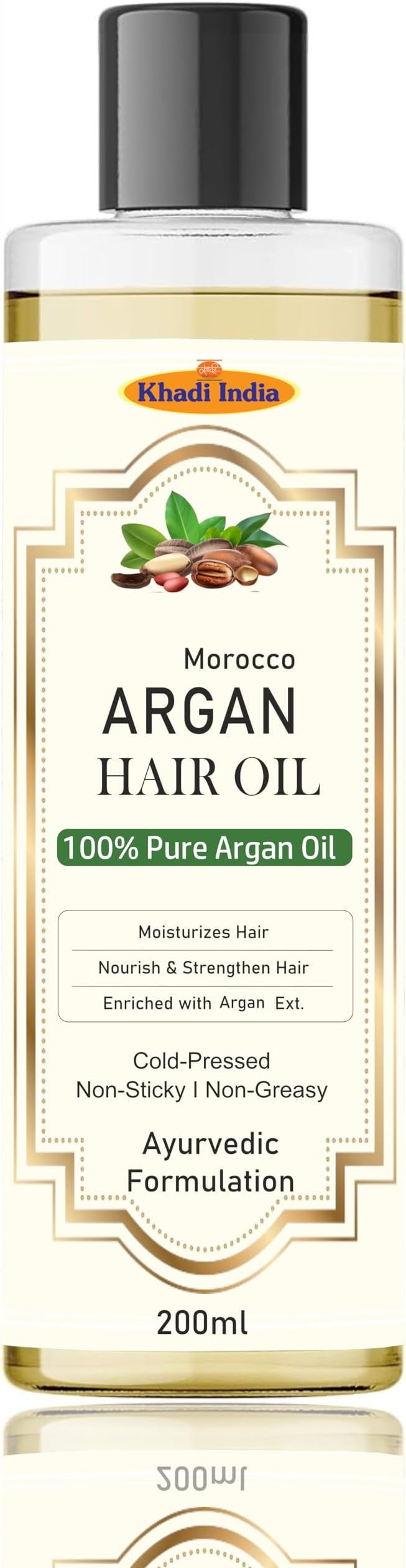 Khadi Herbal 100% Pure & Natural Argan Hair Oil, with the Goodness of Olive oil & Sunflower Oil, for Dry & Frizzy Hairs 200ml with khadi india logo