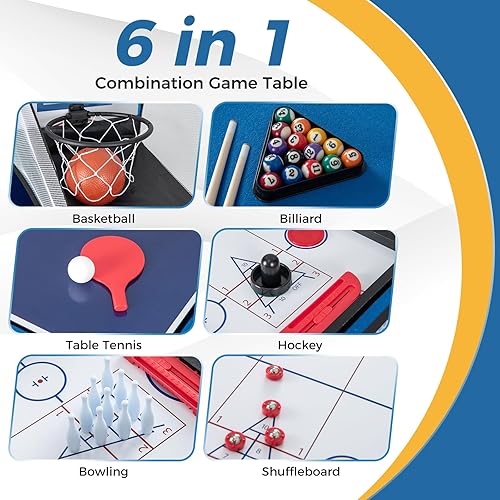 Miniatura 4 de Giantex 6 in 1 Multi Game Table, Combo Game Table w/Basketball, Billiards, Ping Pong, Hockey, Shuffleboard, Bowling for Home, Game Room, Friends &