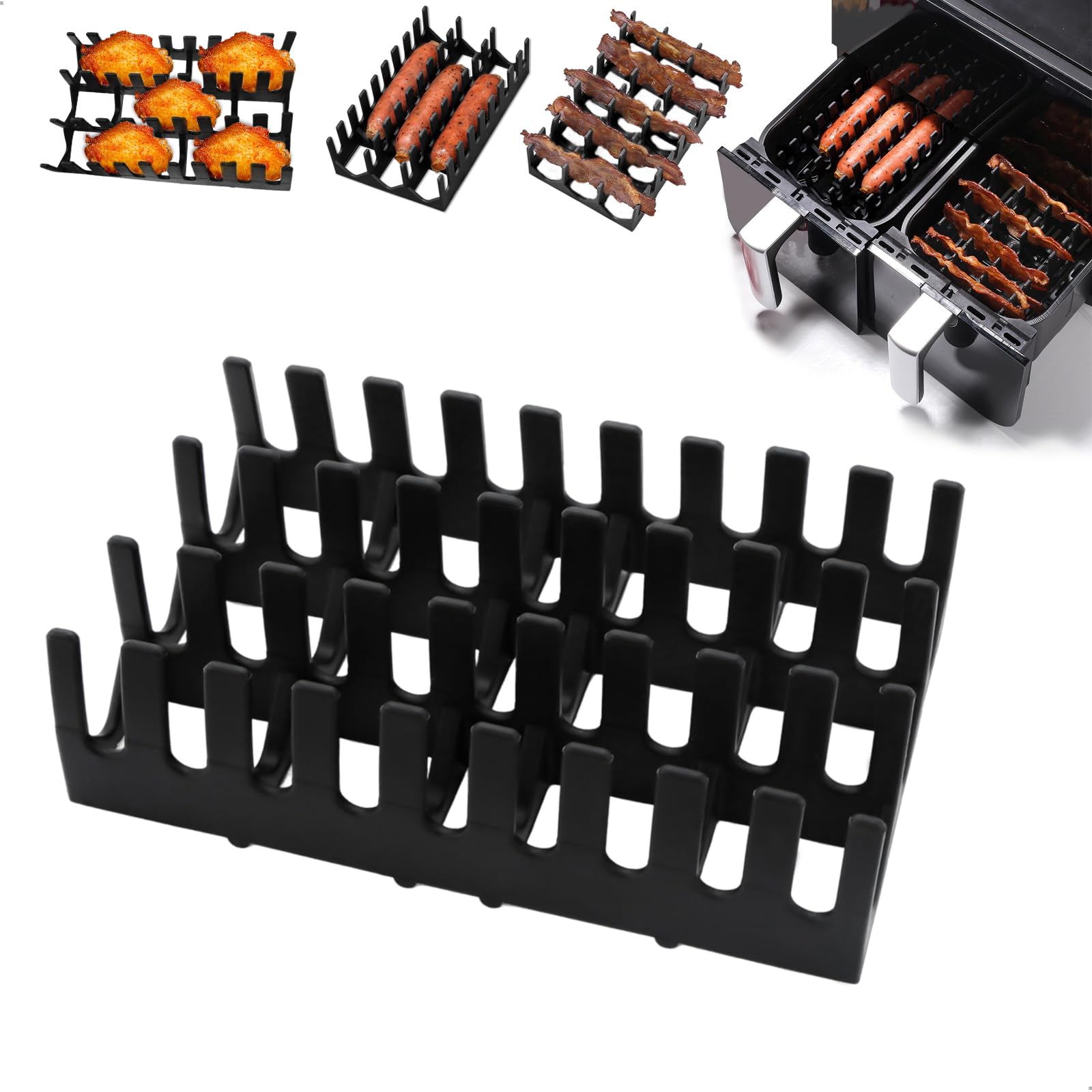 Recipiente Air Fryer, Moldes para Freidora de Aire, Uso General Rejilla Air Fryer, Accesorios Freidora de Aire para Hornear Bacon, Perritos Calientes, Alitas de Pollo y Otros Aperitivos, Negro