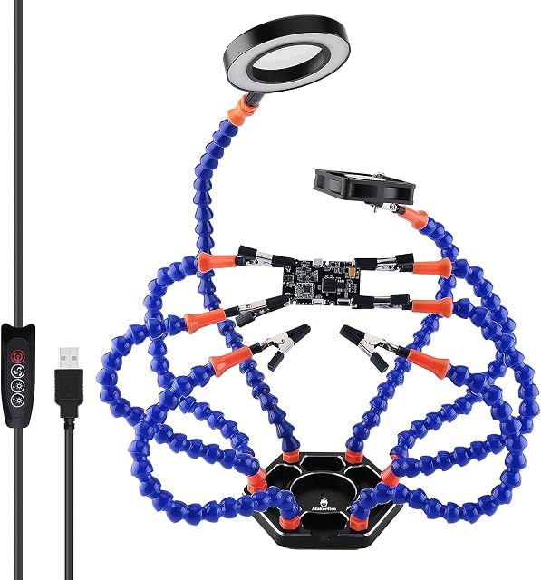 Flexible Helping Hands Third Hand Soldering Aid Soldering Station Tool 8 Flexible Helping Arms with LED USB 3 x Magnifying for Welders Jewellery Makers Craft Lovers