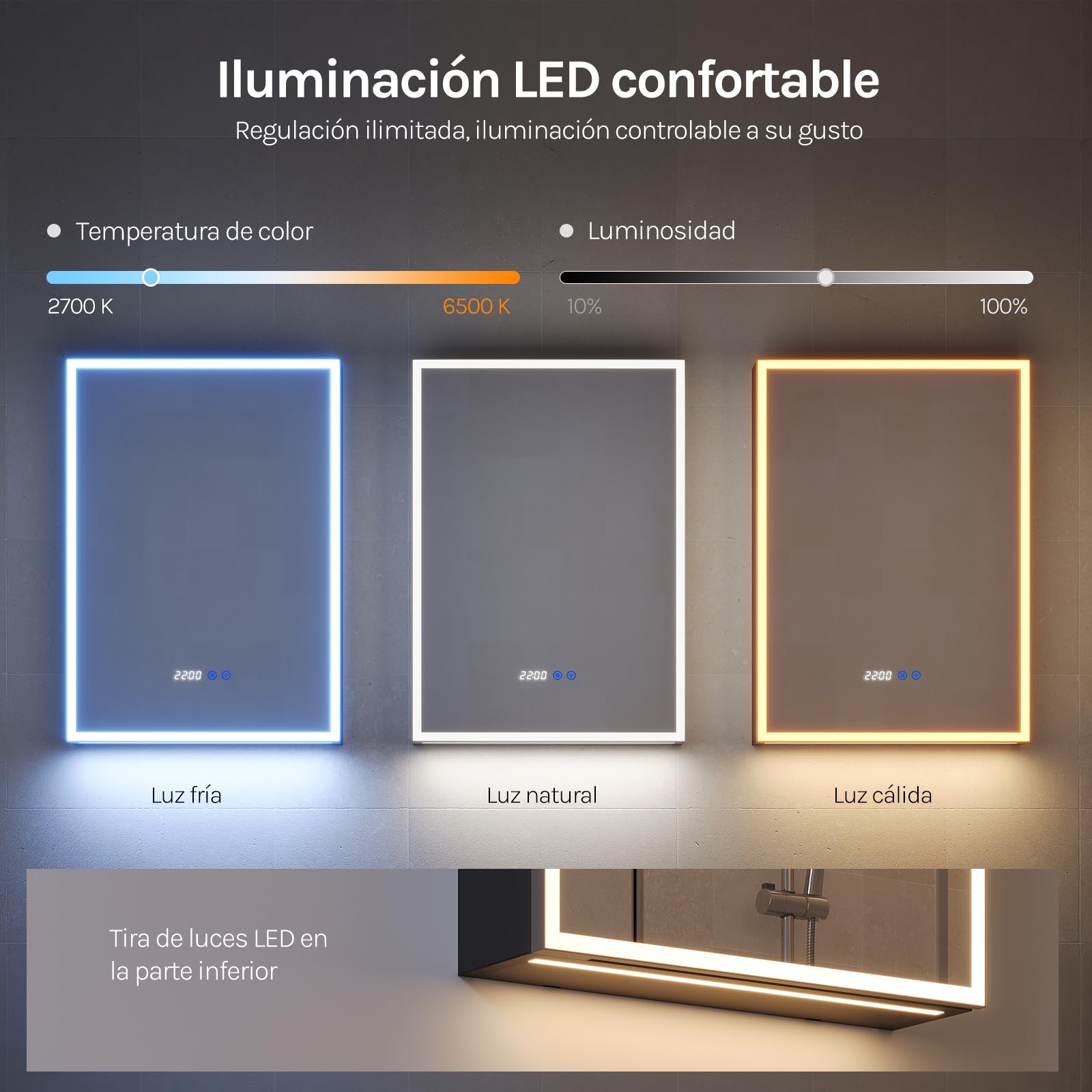 WOLTU Espejo de Baño con LED, Espejo con Espacio de Almacenamiento, Función Antivaho, Estantes Ajustables, Lupa de Aumento 3×, 1 Puerto USB, 1 Puerto Type-C, 2 Enchufes, 14,5×50×70 cm, Negro
