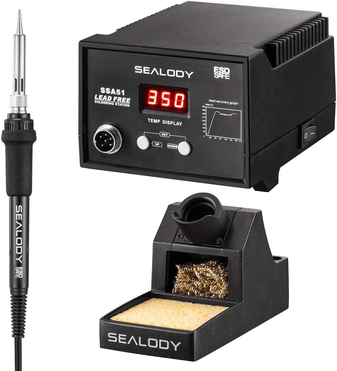Digital Soldering Station with Pure Aluminum Soldering Stand, Tip Cleaning Wire and Sponge SSA51 (Black)